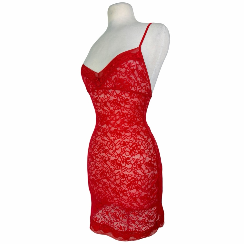 Victorias Secret Vintage Y2K Red Sheer Floral Lace Bodycon Mini Slip Dress Small